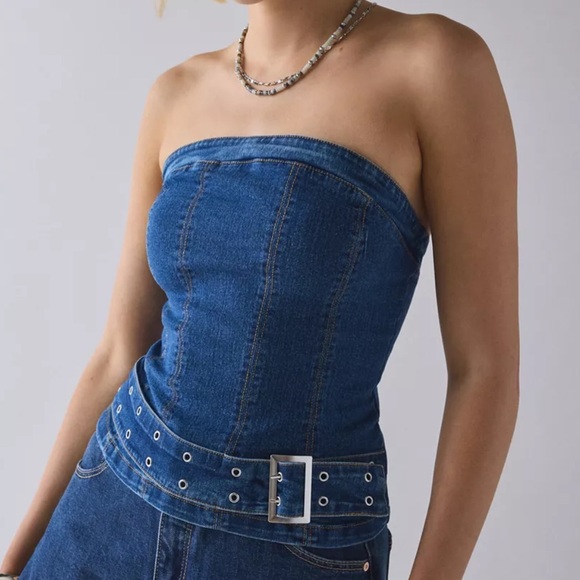 Silence+Noise Mia Belted Buckle Denim Tube Top Urban Outfitters Size Small Y2K - Picture 3 of 12